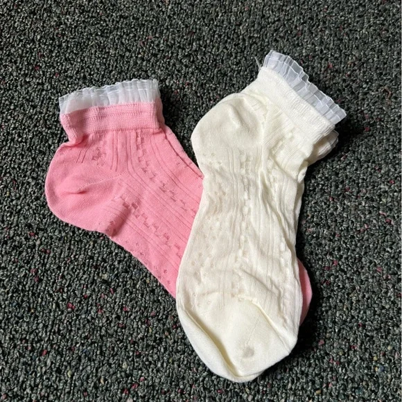 NWT 2 Pack Pastel Pink White Frilly Lace Mesh Whimsy Girly Ankle Fashion Socks - Picture 10 of 13